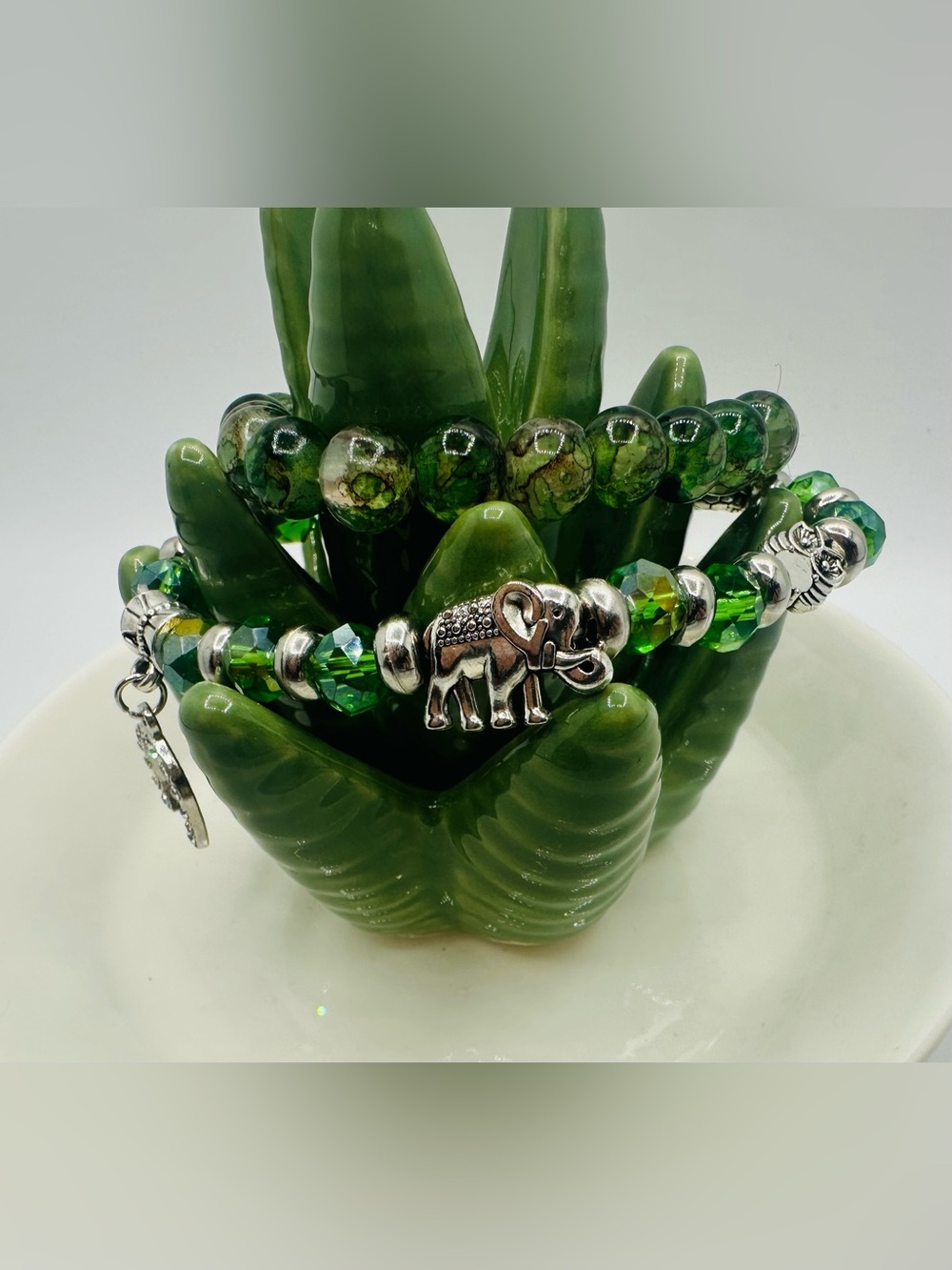 Green Glass Beaded Bracelet set of two